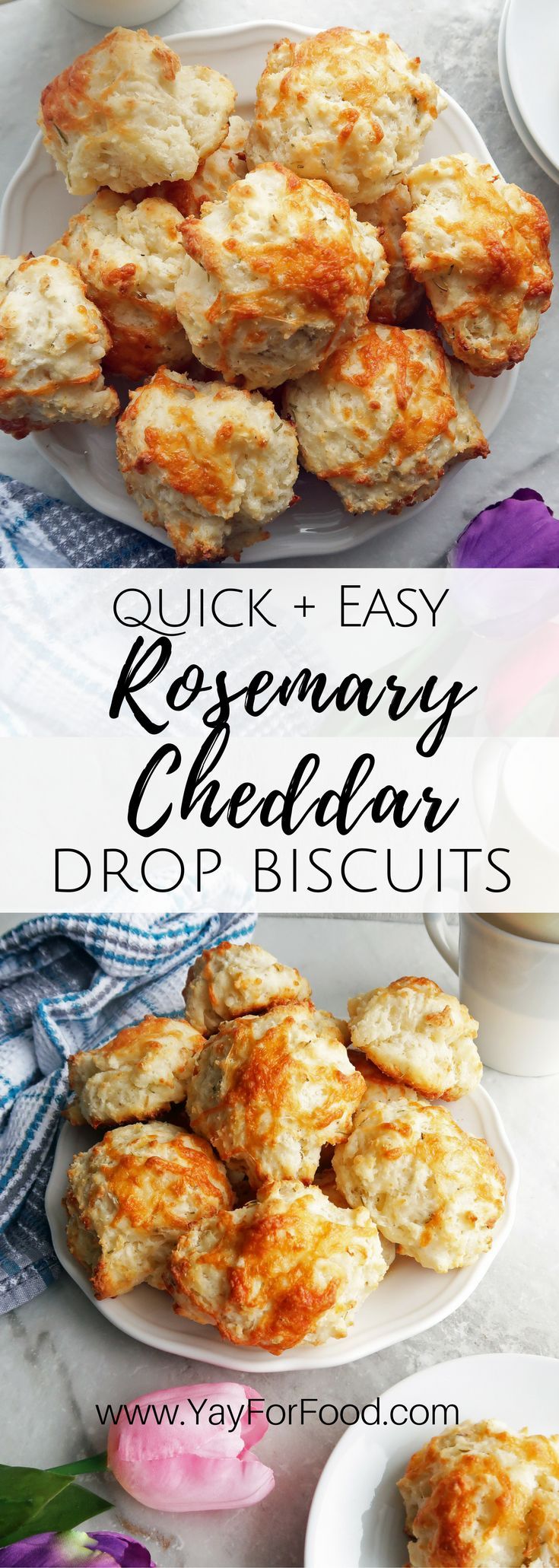 some biscuits are on a white plate with purple flowers in the background and text that reads quick - easy rosemary cheddar drop biscuits