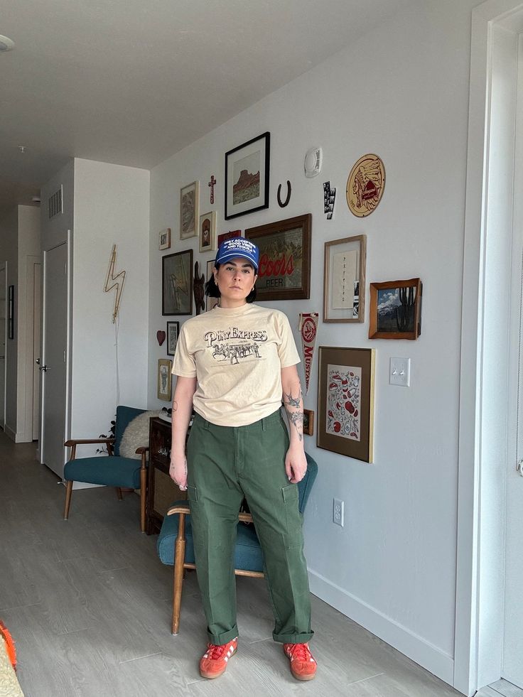 "90s military fatigue green pants  no tag size  Rise: 12\" Flat across: 19\" Inseam: 28\"  Thigh flat: 14\" hips: 23\" Boho, retro, 60s, 70s, 80s, and 90s vibes  Vintage items may have imperfections, if they are major or extremely visible they will be noted Smoke free home  No shedding pets Cleaned before mailing + urban outfitters  + free people + madewell  + vintage  Vintage items may/will probably have imperfections, if they are major or extremely visible they will be noted. Buying vintage items could mean they are different than what you had expected, but still just as lovely because they have lived a full life and have a story to tell!  We know that paying for shipping isn't ideal, but we are a small company and vintage items can be quiet heavy since they are made out of better materi Vintage Cargo Pants For Spring Streetwear, Vintage Cargo Style Pants For Spring, Retro Cotton Cargo Bottoms, Retro Cotton Cargo Pants For Fall, Vintage Relaxed Fit Cargo Pants For Spring, Retro Green Bottoms For Streetwear, Green Retro Bottoms For Streetwear, Green Cotton Work Pants For Fall, Vintage Cargo Style Pants For Streetwear