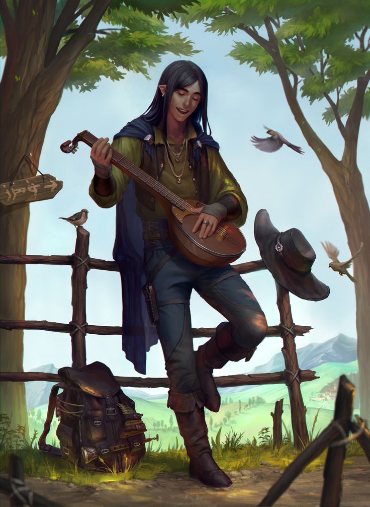 a painting of a man with long hair holding a guitar in front of a fence