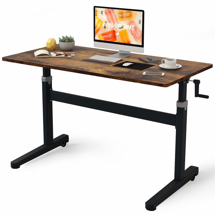 a computer desk with a monitor, keyboard and mouse on it in front of a white background