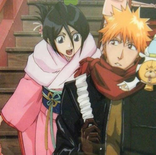 two anime characters standing next to each other in front of stairs and staircases, one holding a teddy bear