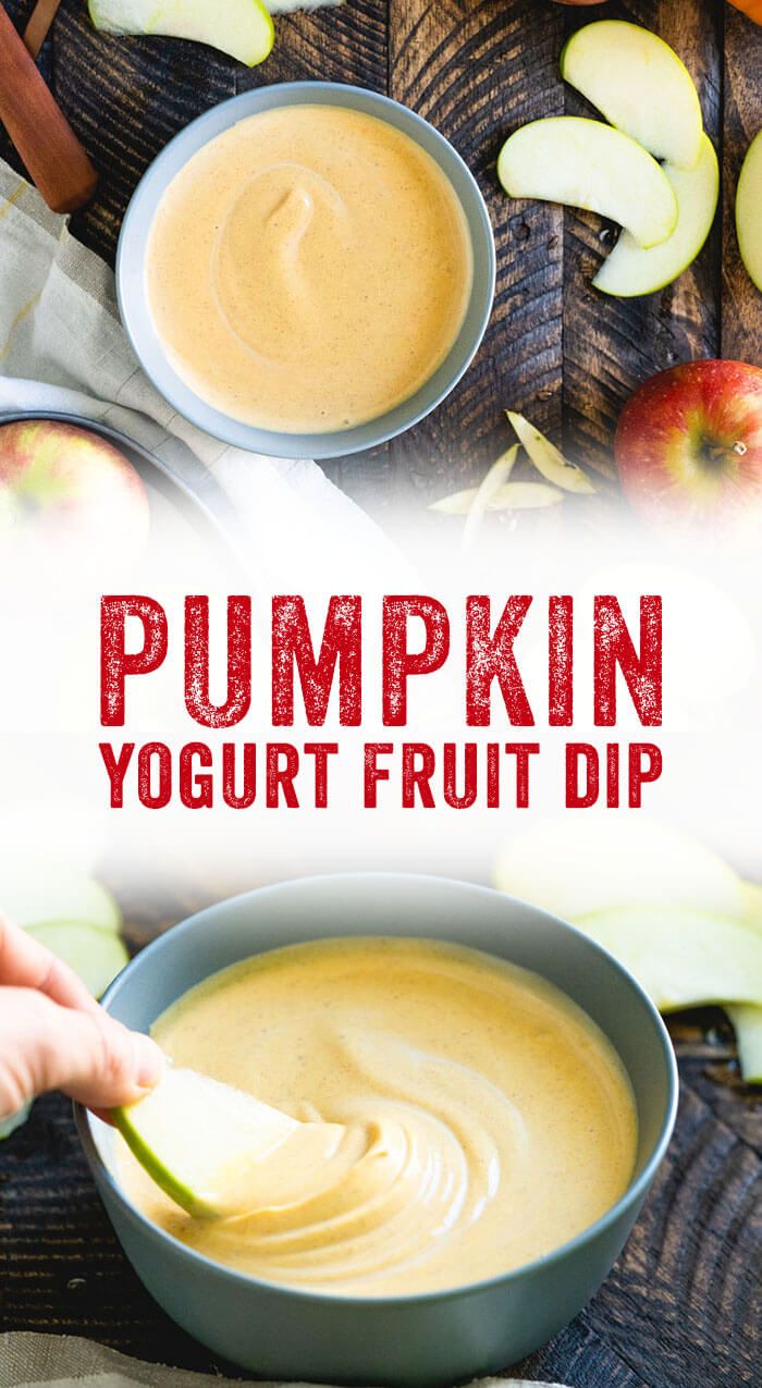 pumpkin yogurt fruit dip with apples in the background