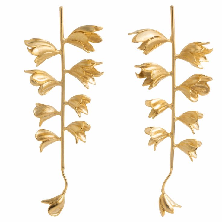 Step into sophistication with our handmade gold earrings. These exquisite earrings showcase a stunning bluebell design, with each piece meticulously crafted and plated in 24k gold. The elegant floral arrangement brings a touch of nature-inspired charm, perfect for both special occasions and everyday elegance. Care and maintenance instructions:   Storage: Store each piece of jewellery individually in the original packaging or a soft pouch to prevent damage. Cleaning: Frequently polish your jewell Gold Flower Shaped Brass Earrings, Yellow Gold Flower-shaped Gold Plated Earrings, Gold Flower-shaped Elegant Chandelier Earrings, Bell Earrings, Bohemian Leaf-shaped Brass Jewelry, Yellow Gold Leaf-shaped Brass Earrings, Blue Bell, Everyday Elegance, Summer Color Palette