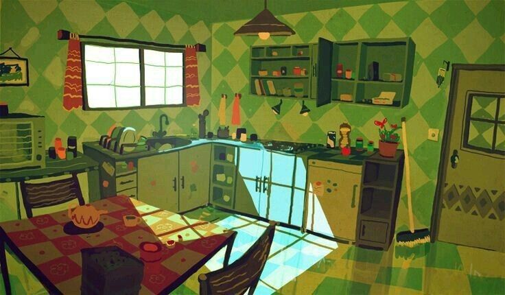 an animated kitchen with green walls and checkered flooring on the walls is shown