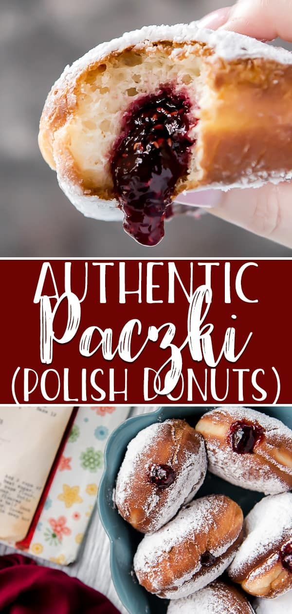 a person is holding up a pastry with powdered sugar on it and the words authentic pacific polish donuts