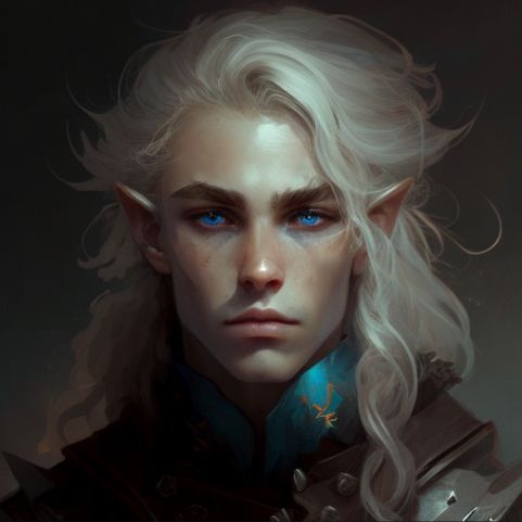 an elf with white hair and blue eyes