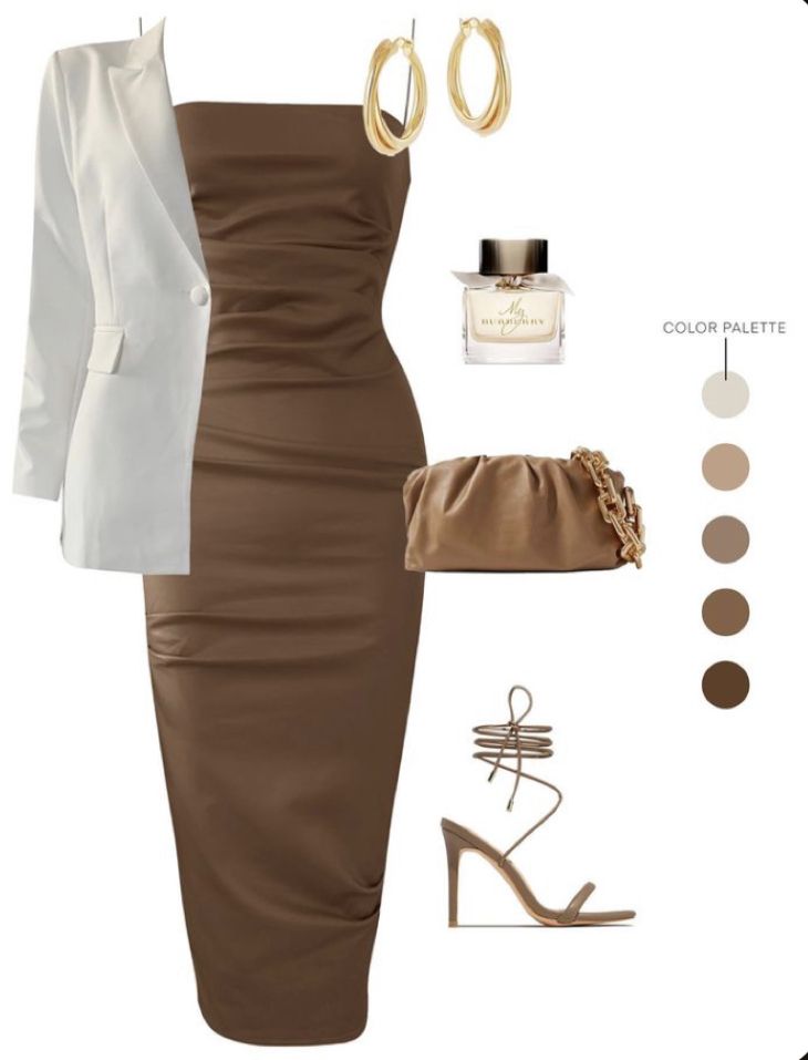 Brown Midi Dress Outfit Casual, Brown Dress With Blazer, Chocolate Dress Outfit Classy, Brown Maxi Dress Outfit Summer, Brown Bodycon Dress Outfit With Jacket, Brown Dress Jewelry, Chocolate Brown Dress Outfit Casual, Light Brown Dress Outfit Casual, Brown Long Dress Elegant