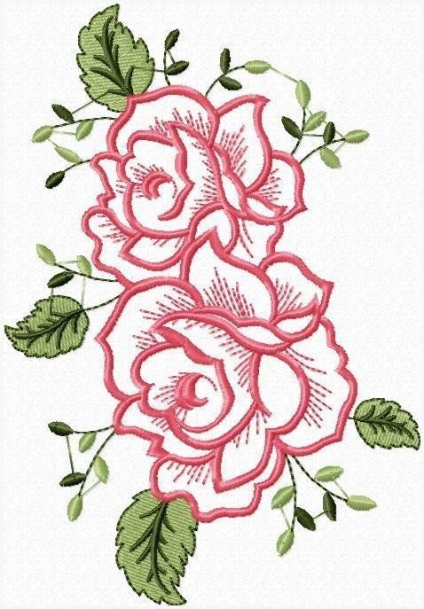 a pink rose with green leaves is shown in this embroidery design, which has been stitched