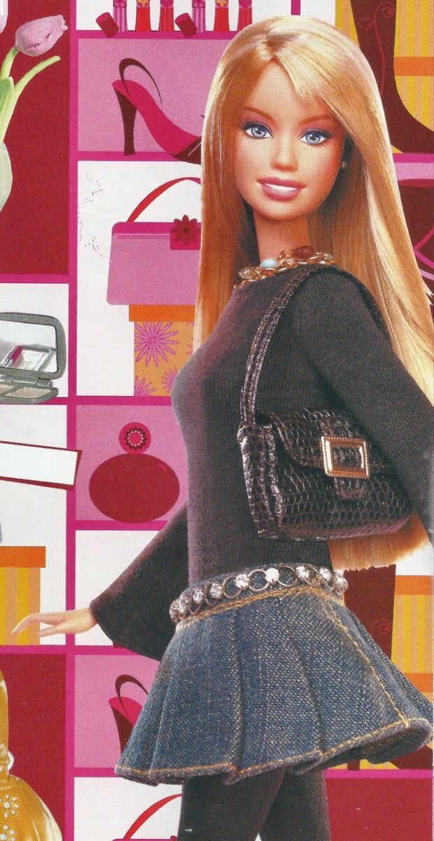 a barbie doll is standing in front of a wall with purses and shoes on it