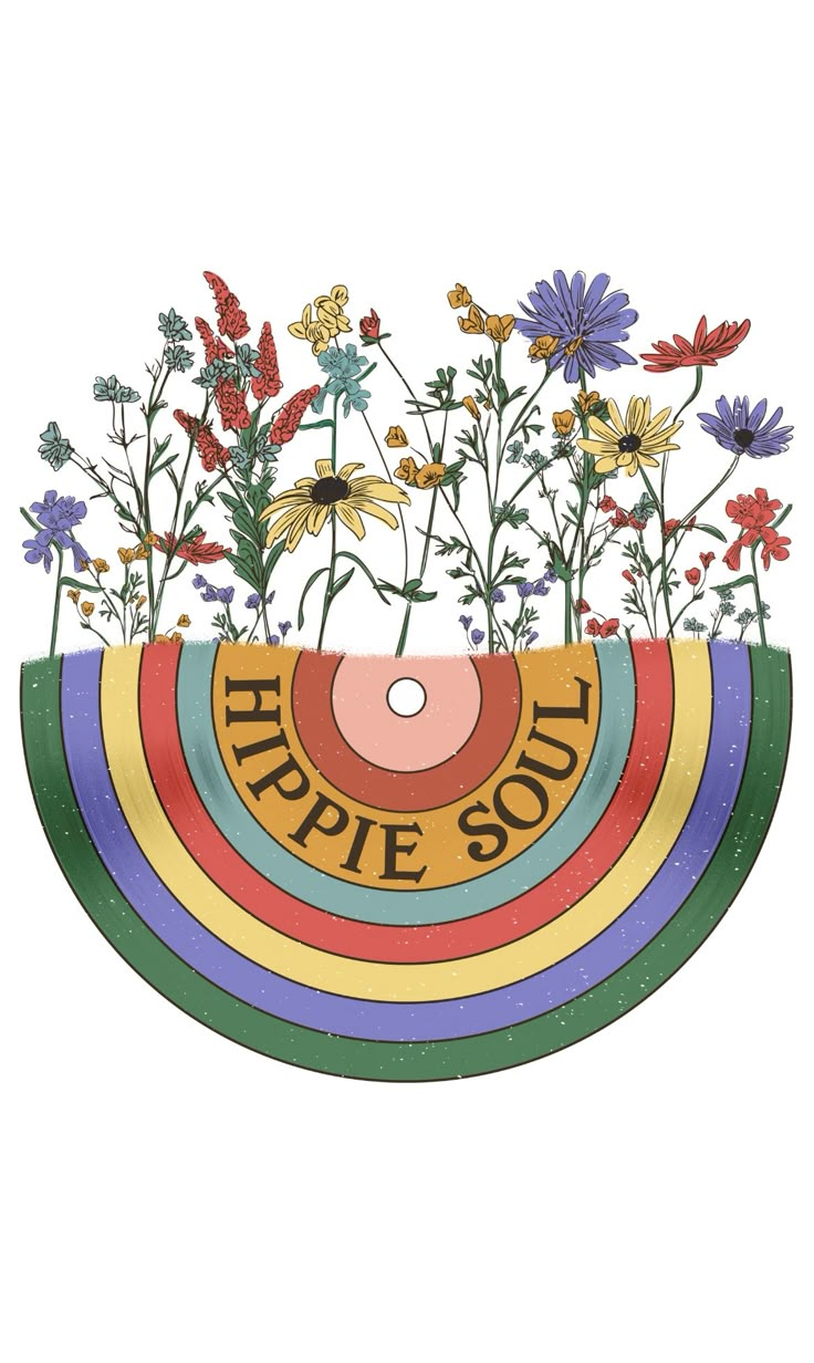 an image of a flower pot with the words hippie soul on it and flowers growing out of it