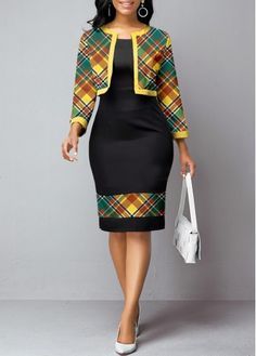 Black Patchwork Office Dress, Sleeveless Pencil Dress, Afrikaanse Mode, Plus Size Two Piece, Black Camis, Long Sleeves Coats, Dress With Cardigan, Fashion Mode, Evening Attire