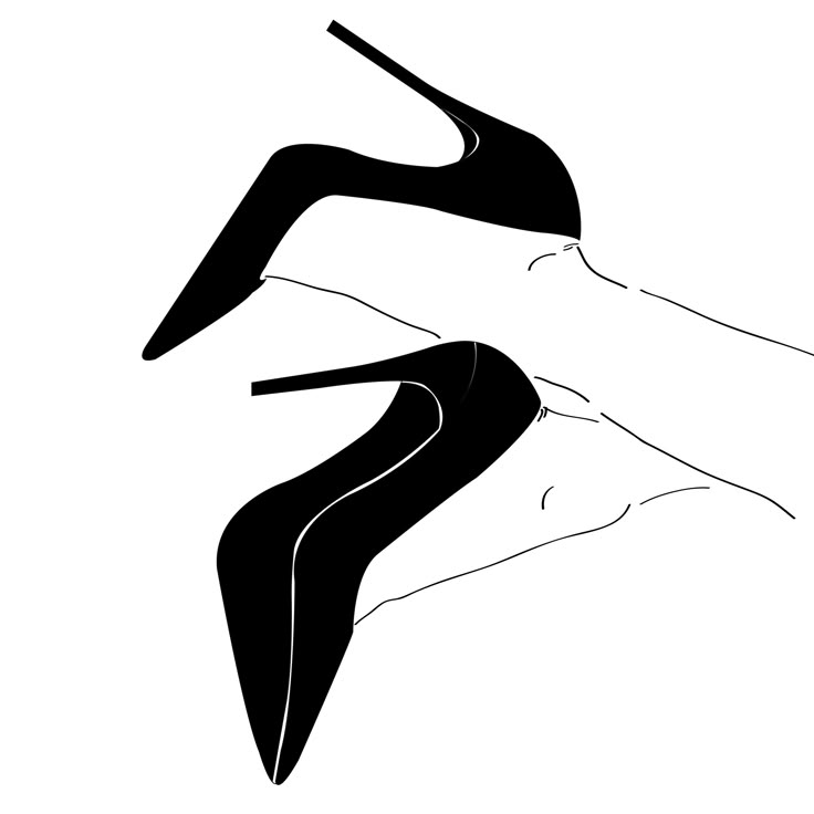 an abstract black and white drawing of two women's legs, one in the air