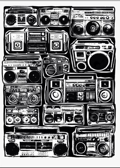 a black and white drawing of boomboxes