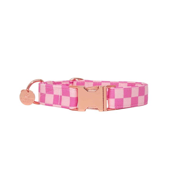 a pink and white checkered dog collar