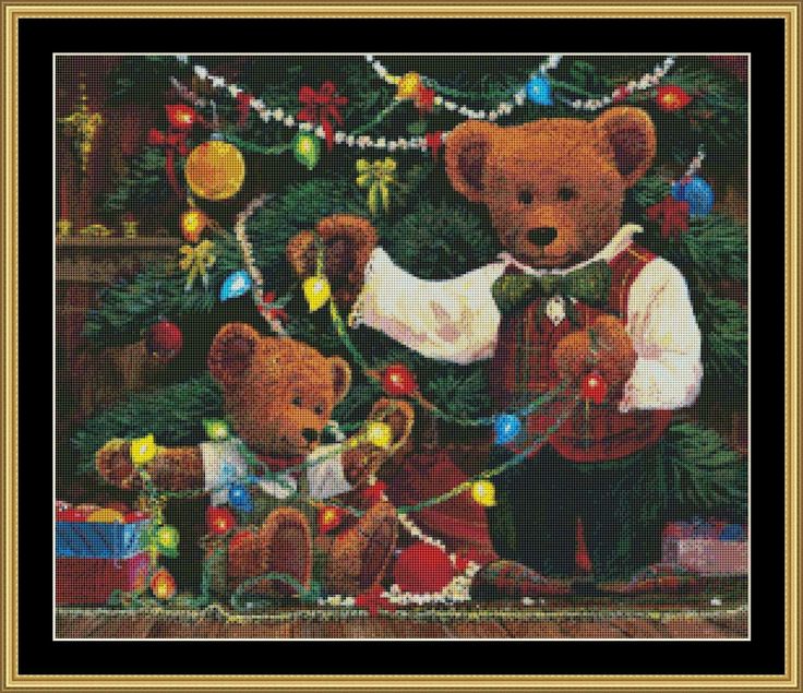 two teddy bears are standing next to a christmas tree with lights on it and presents