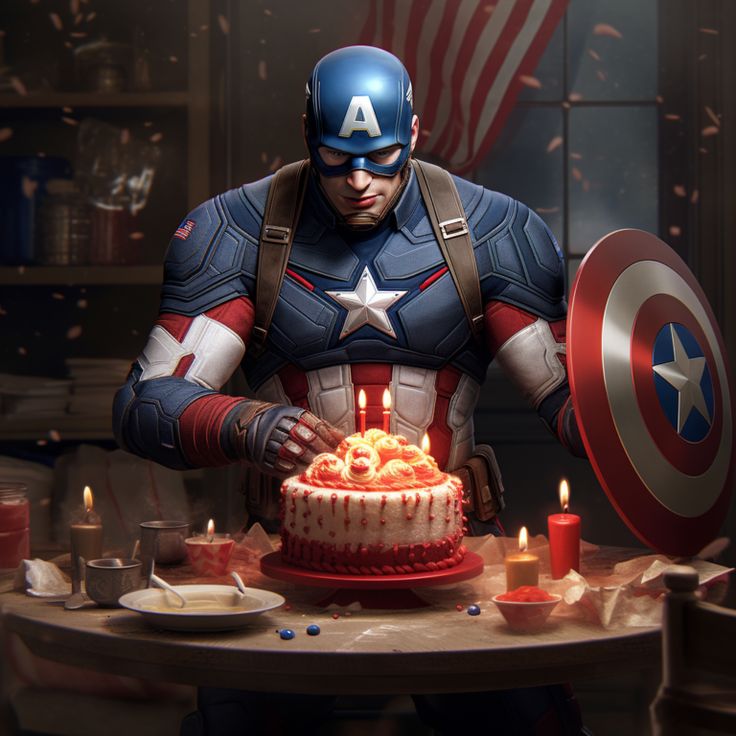 a captain america birthday cake with candles on it