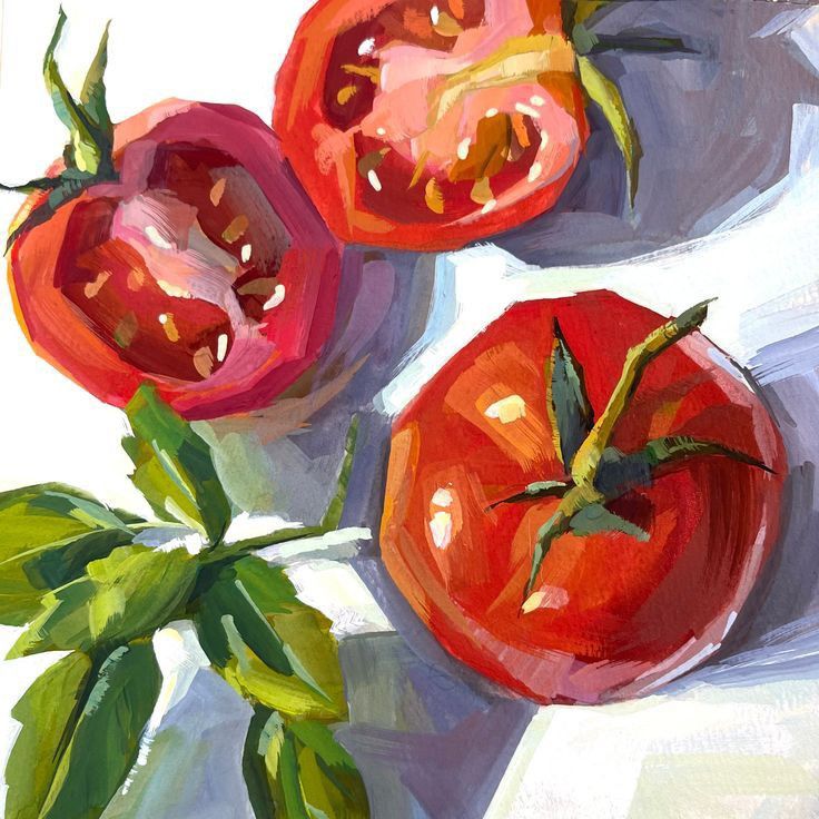 three tomatoes are shown on a white surface