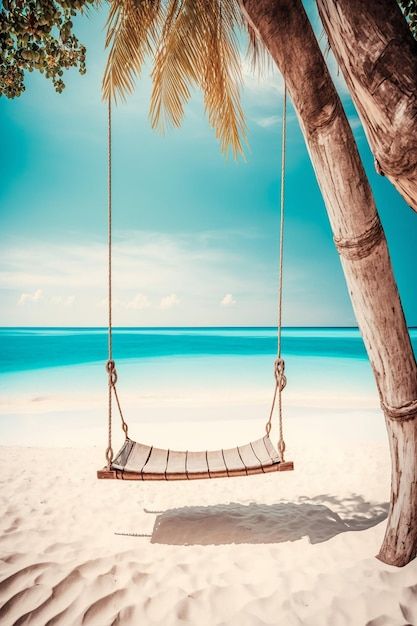 a hammock hanging from a palm tree on the beach with blue water in the background