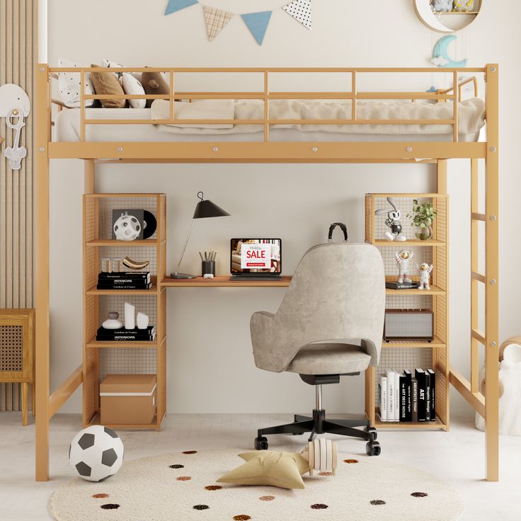 a bedroom with a loft bed, desk and chair next to a soccer ball on the floor