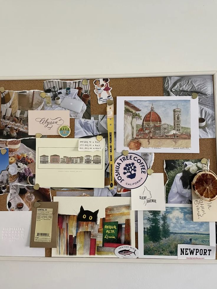 a bulletin board covered in pictures and magnets on it's side, with many other things pinned to the wall