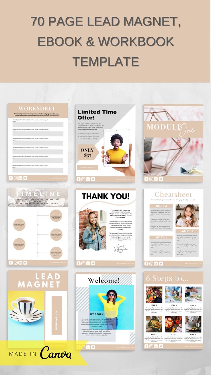 the front and back page of a powerpoint slider with text that reads, 70 page lead magnet, e - book & workbook template