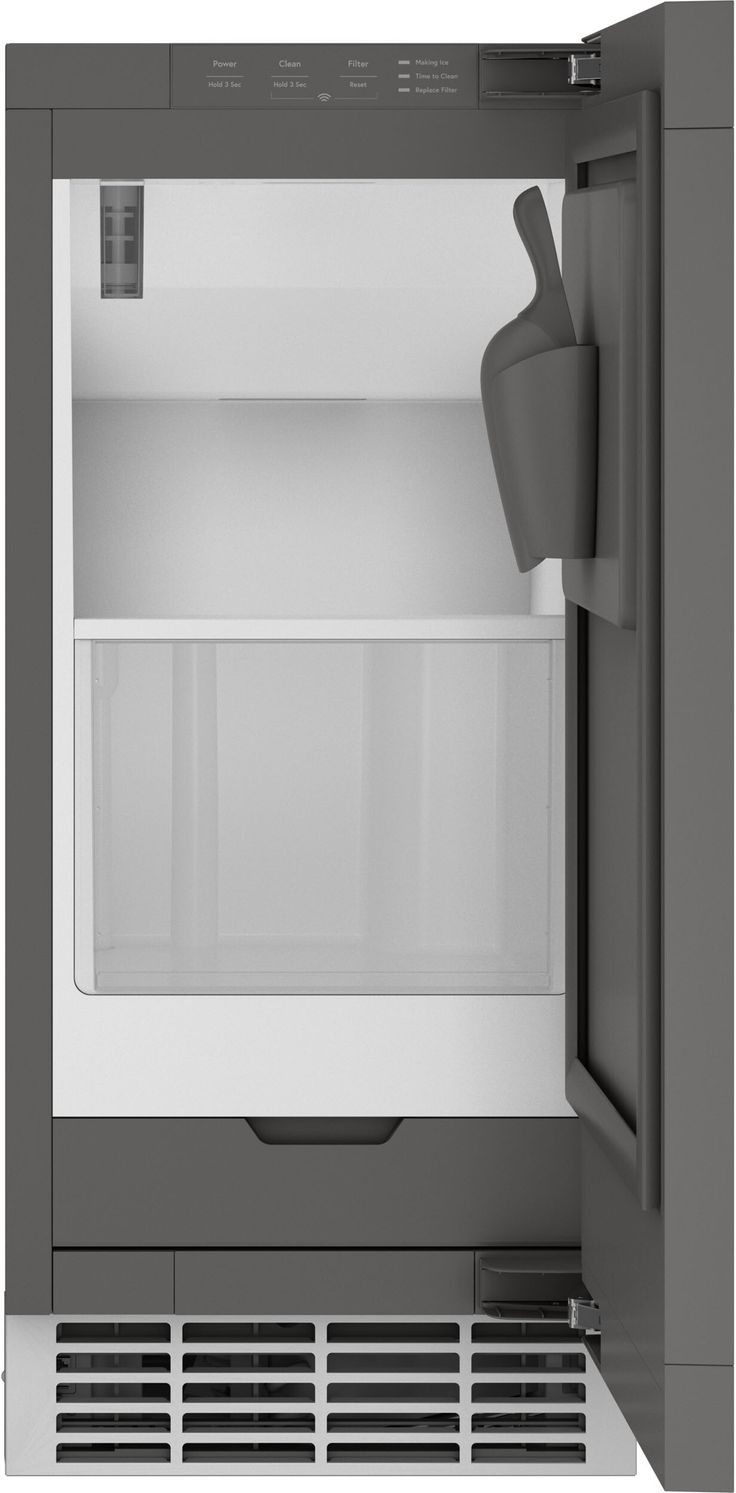 an empty refrigerator with the door open and shelves on both sides, in front of a white background