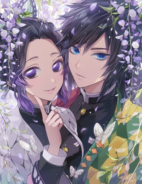 two people with purple hair and blue eyes are standing next to each other in front of flowers