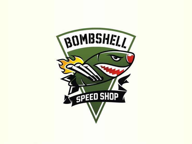 the logo for bombshell speed shop, which is designed to look like a shark