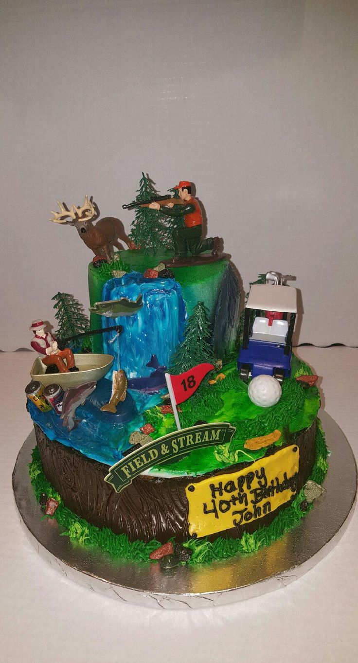 a birthday cake is decorated with an image of people on a golf course and trees