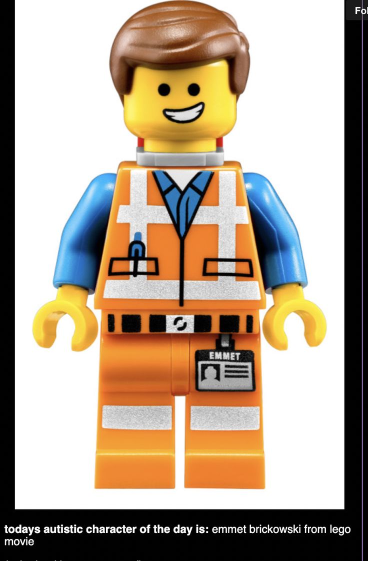 the lego movie character is wearing an orange vest