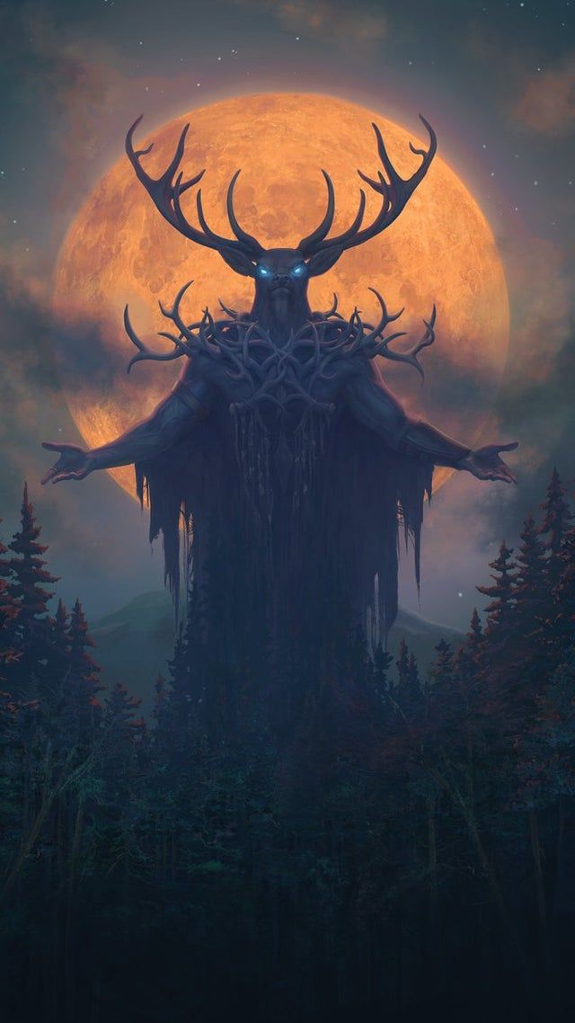 an artistic painting of a deer with horns on it's head standing in front of a full moon