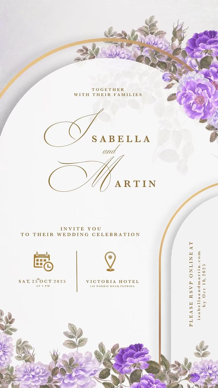 an elegant wedding card with purple flowers