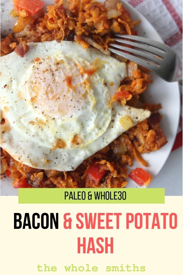 bacon and sweet potato hash browns on a white plate with a fork in the middle