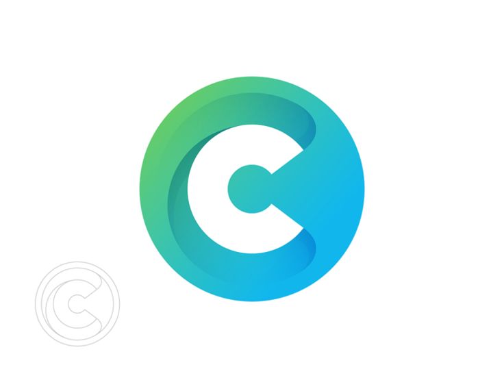 the letter c in a circle with an arrow on it's side and another logo behind it