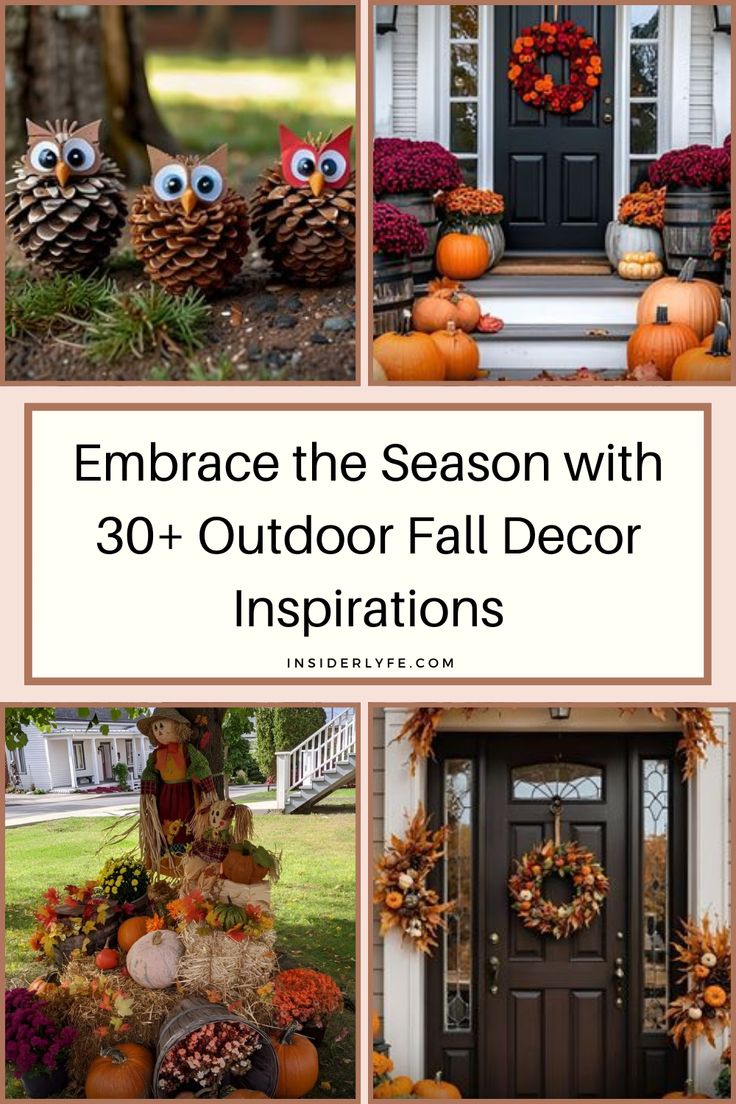 an outdoor fall decor with pumpkins and pine cones