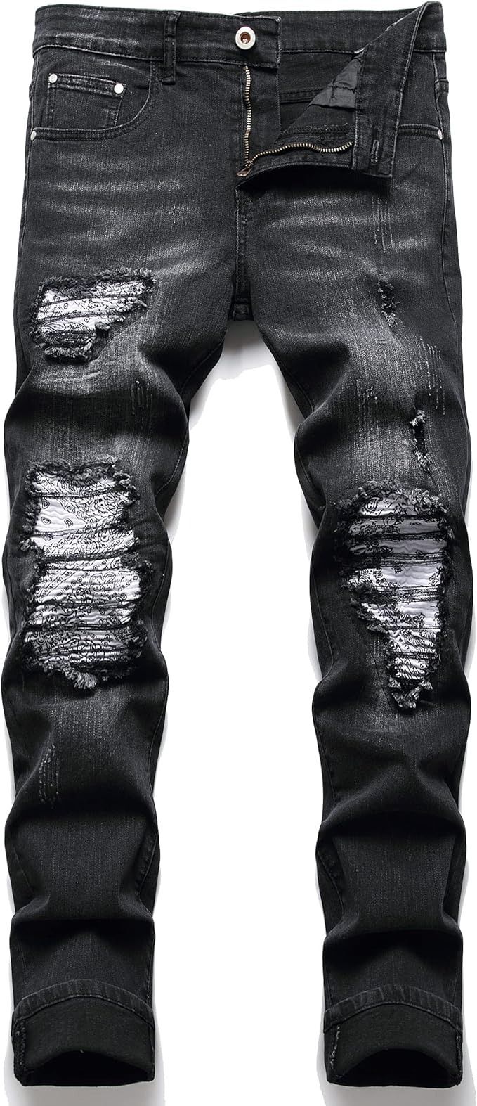 OIIIO Men's Patch Ripped Stretch Regular Fit Jean (32, Black Red-6607) at Amazon Men’s Clothing store Mens Ripped Jeans, Ripped Jeans Black, Denim Jeans Pants, Ripped Jeans Men, Biker Jeans, Wardrobe Classic, Patched Jeans, Denim Cotton, Washed Denim