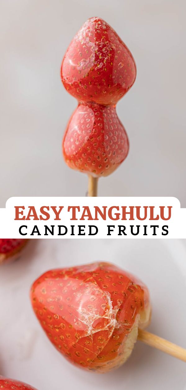 an image of some fruit on sticks with the words easy tangmuu candied fruits