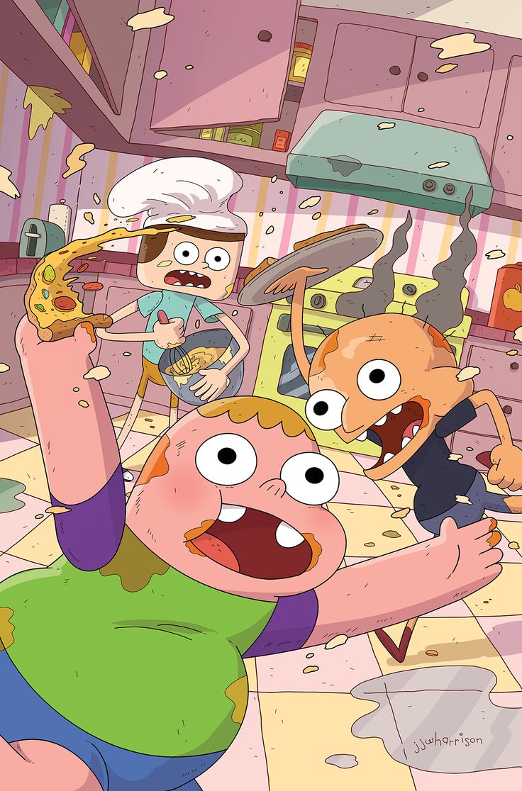 the cartoon family is in the kitchen with their hands up and one person has his head on