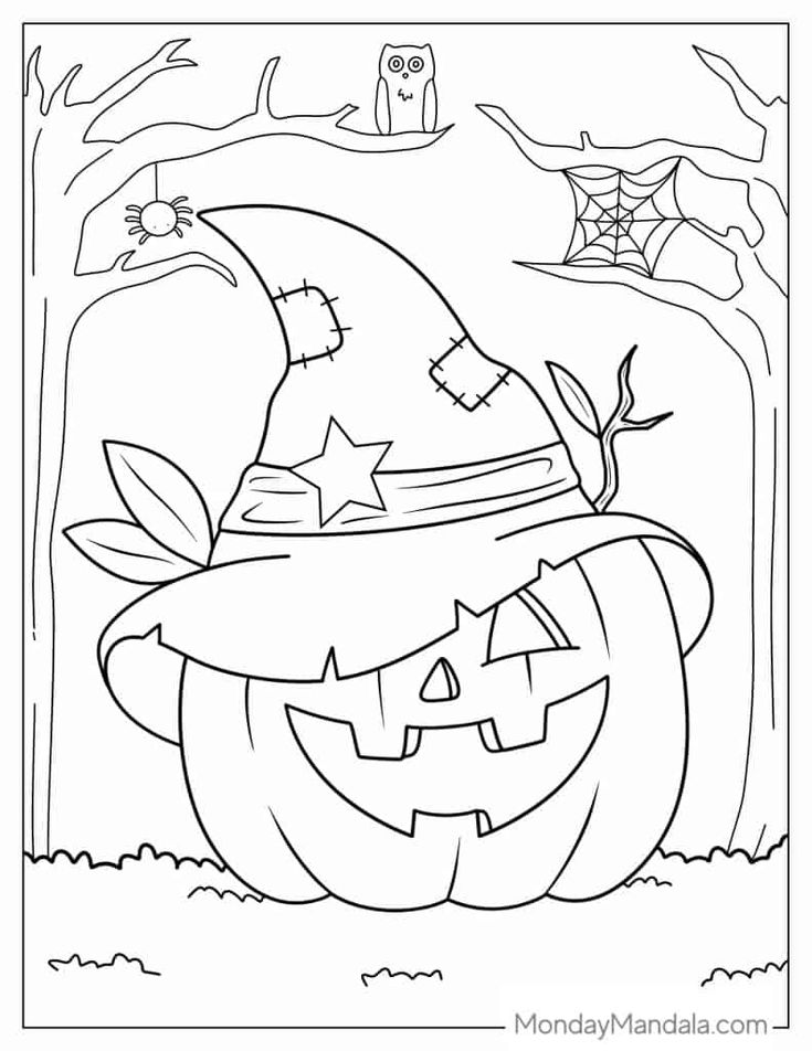 a coloring page with a pumpkin and witch hat