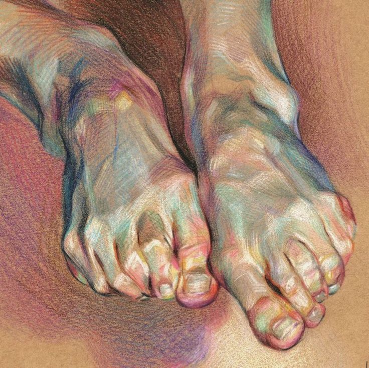 a drawing of two feet with colored pastel pencils on the bottom and bottom