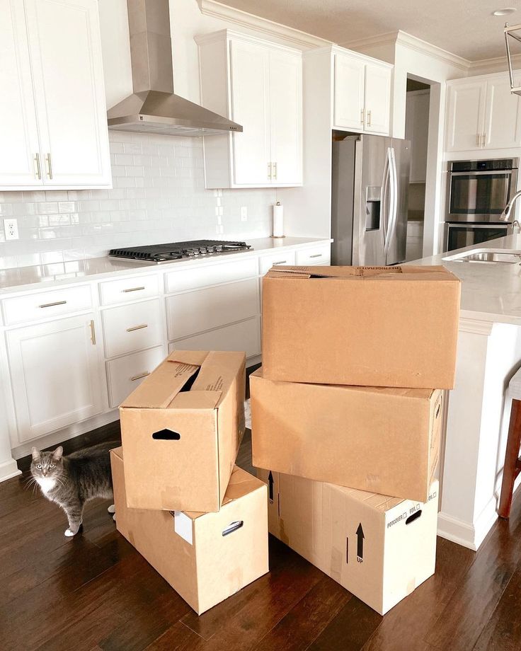 three boxes stacked on top of each other in a kitchen with a cat standing next to them