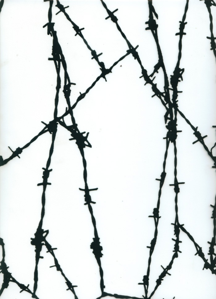 black and white photograph of barbed wire against a white background with text that reads,