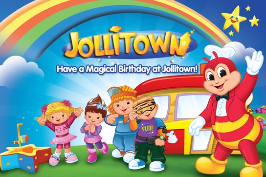 a cartoon character with children standing in front of a bus and rainbow behind him is the words jollitown have a magic birthday