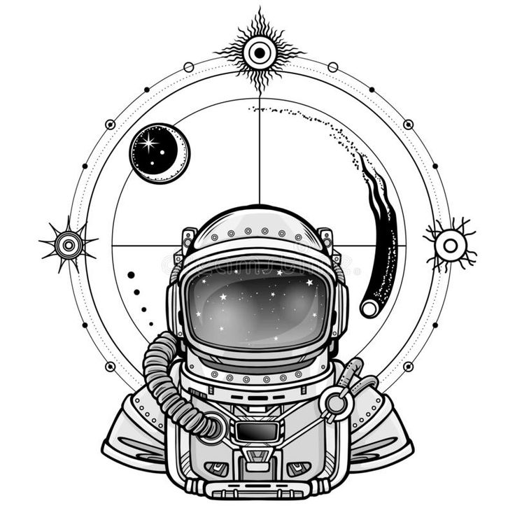 an astronaut in a space suit with stars and planets around him, on a white background