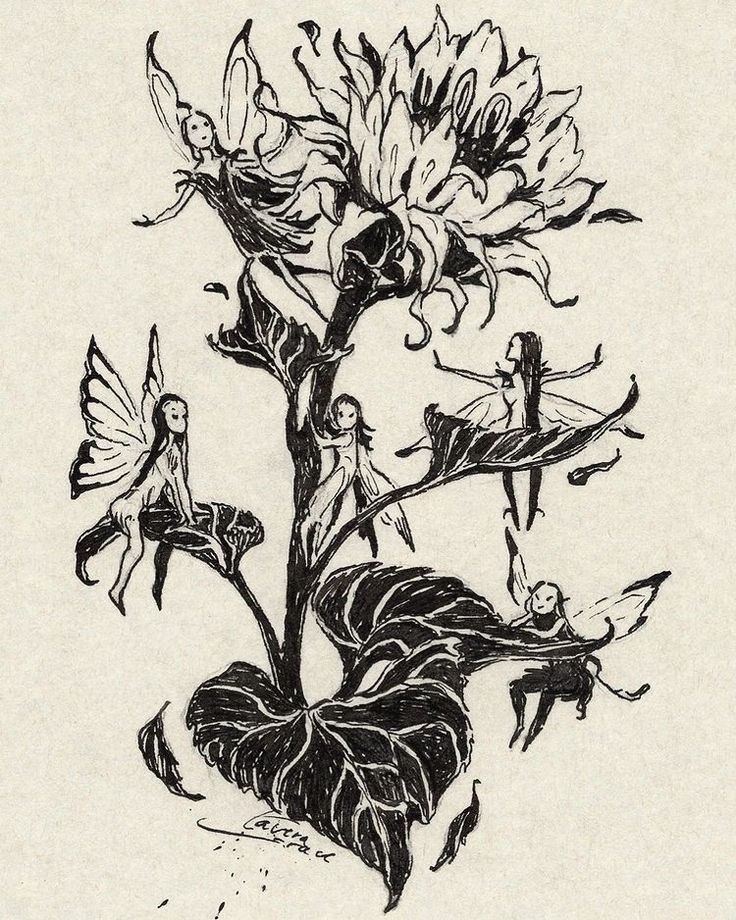 an ink drawing of some fairy people on a plant with flowers in the foreground