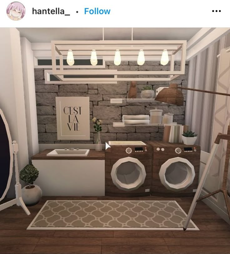 a room with a washer and dryer in it on the floor next to a brick wall