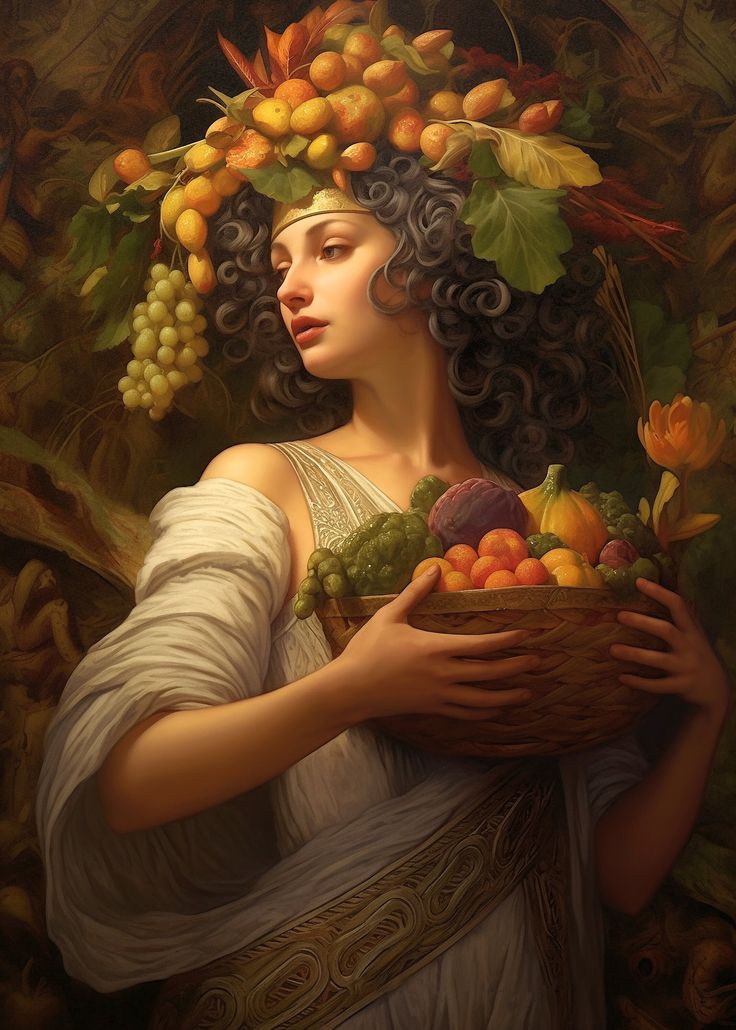 a painting of a woman holding a basket of fruit