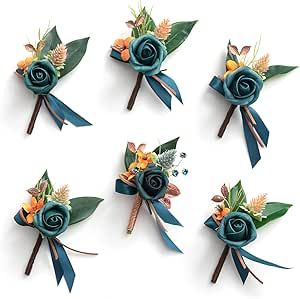 six boutonnieres with flowers and leaves on them