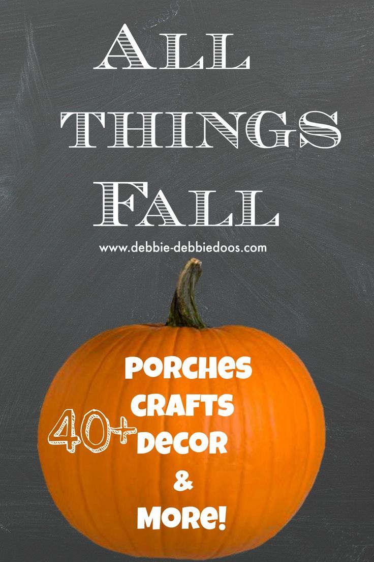 an orange pumpkin with the words all things fall written on it in white lettering, against a chalkboard background