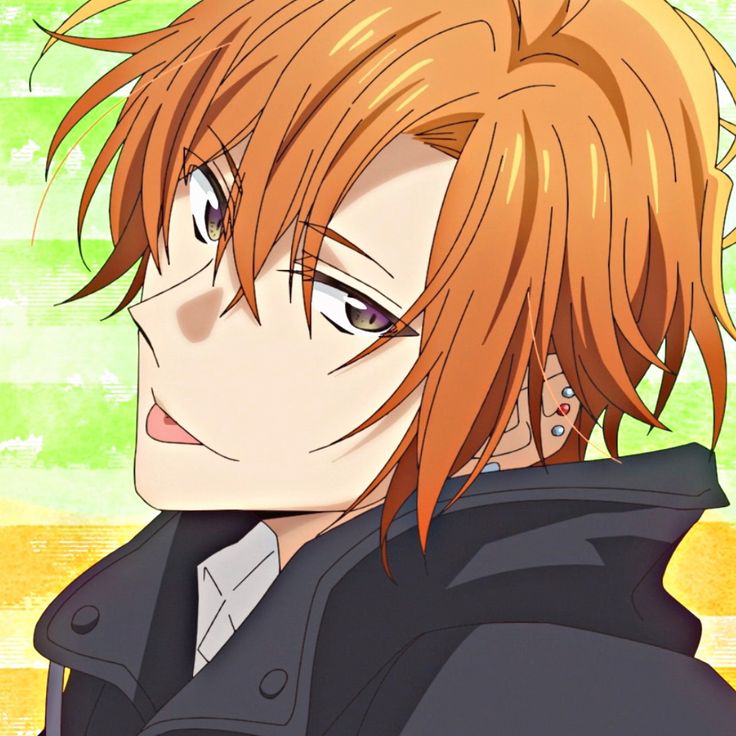 an anime character with orange hair wearing a black jacket and white shirt, looking off to the side